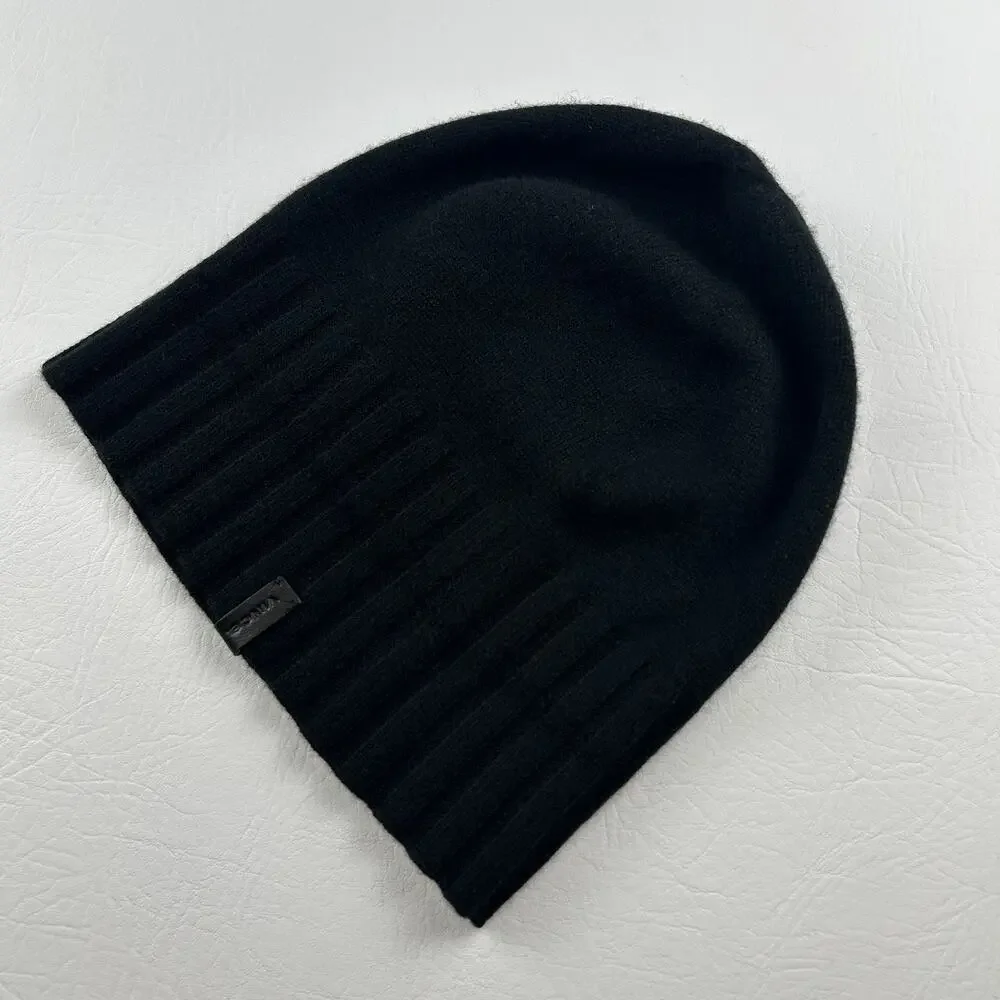 Vince 100% Cashmere Beanie Hat Black Rib Knit One Size Unisex Soft Luxury